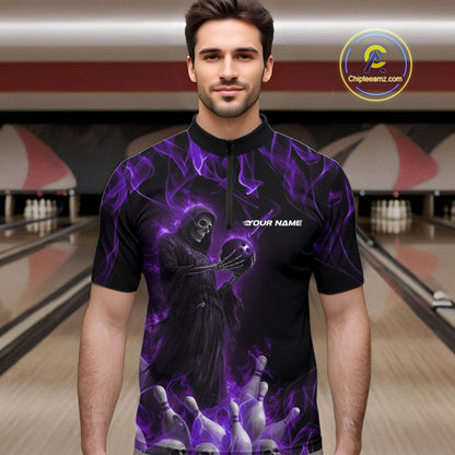 Custom Purple Flame Grim Reaper Bowling Quarter-Zip Shirts For Men, Halloween Bowling Outfit IPHW9732
