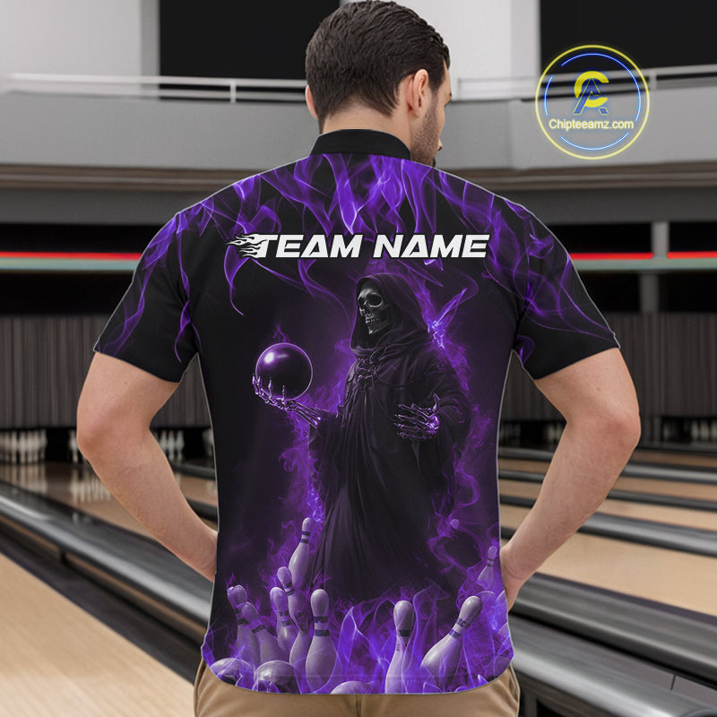 Custom Purple Flame Grim Reaper Bowling Quarter-Zip Shirts For Men, Halloween Bowling Outfit IPHW9732