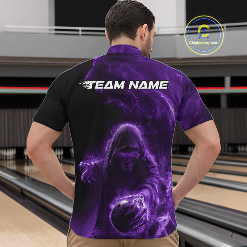 Custom Black And Purple Smoke Flame Grim Reaper Halloween Bowling Men Quarter-Zip Shirts IPHW9740