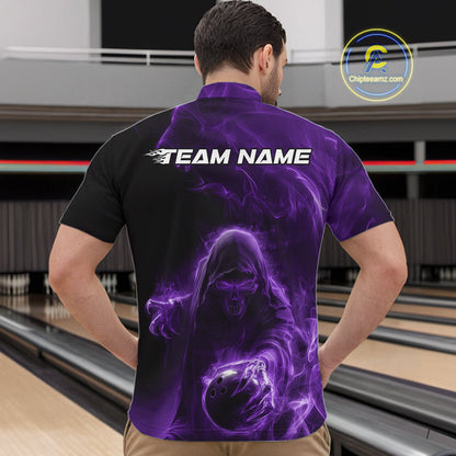 Custom Black And Purple Smoke Flame Grim Reaper Halloween Bowling Men Quarter-Zip Shirts IPHW9740