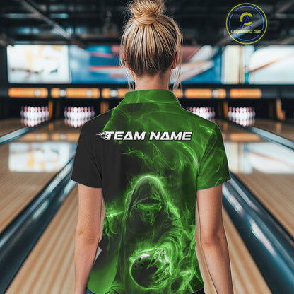Custom Black And Green Smoke Flame Grim Reaper Halloween Bowling Women Polo Shirts IPHW9741