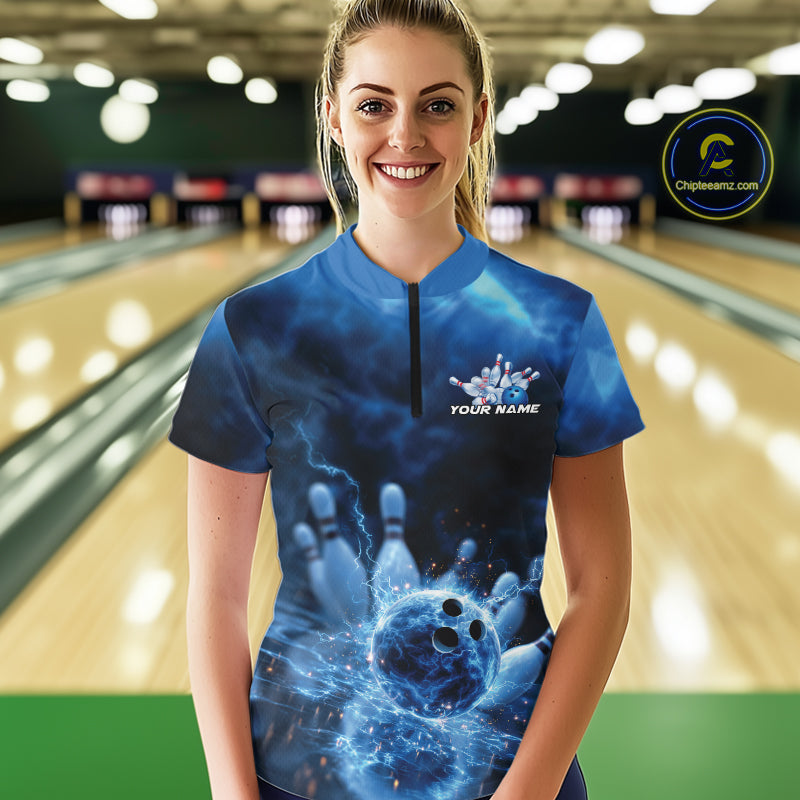 Custom Blue Thunder Lightning Bowling Team Women Quarter-Zip Shirts, Bowling Jerseys IPHW9747