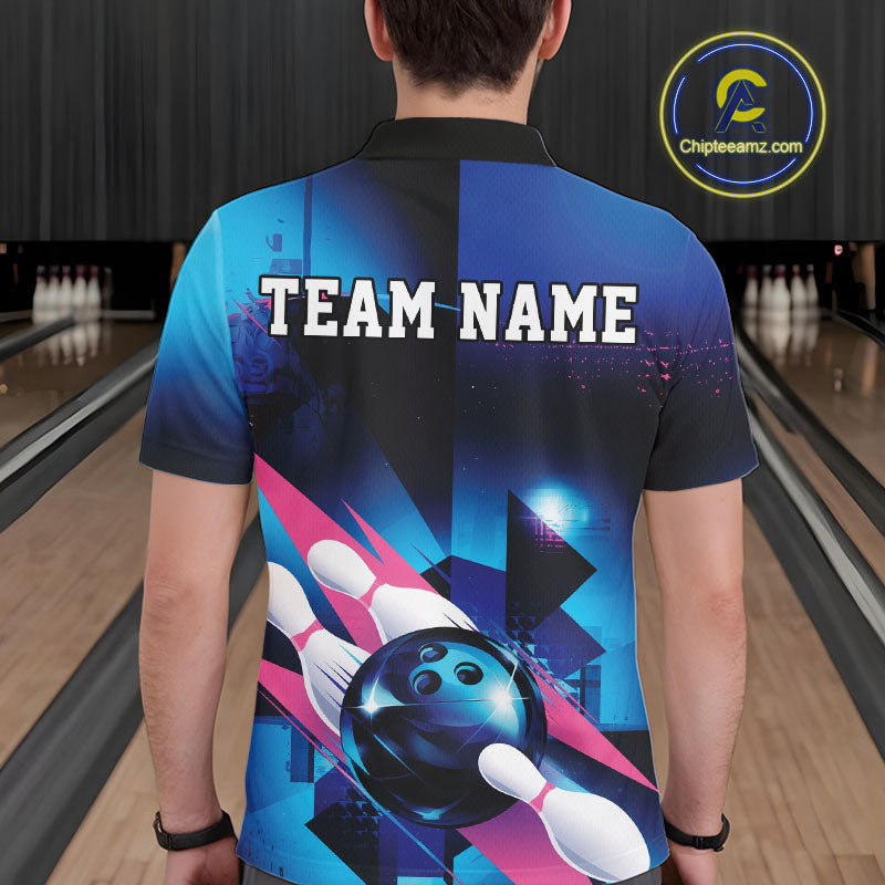 Custom Blue And Pink Futuristic Bowling Polo Team Shirts For Men, Bowling League Shirt IPHW9513