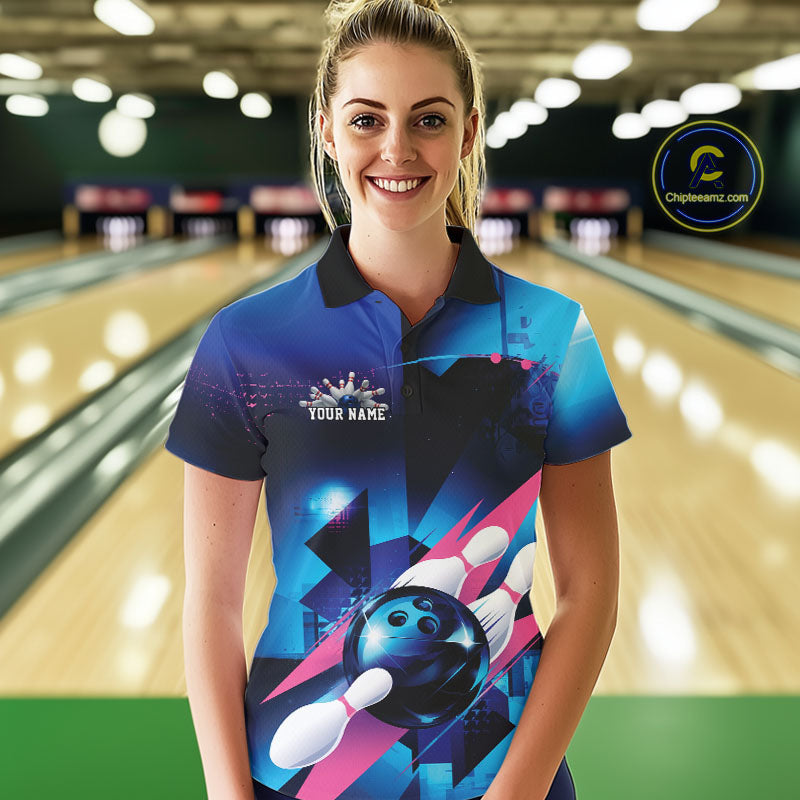 Custom Blue And Pink Futuristic Bowling Polo Team Shirts For Women, Bowling League Shirt IPHW9513
