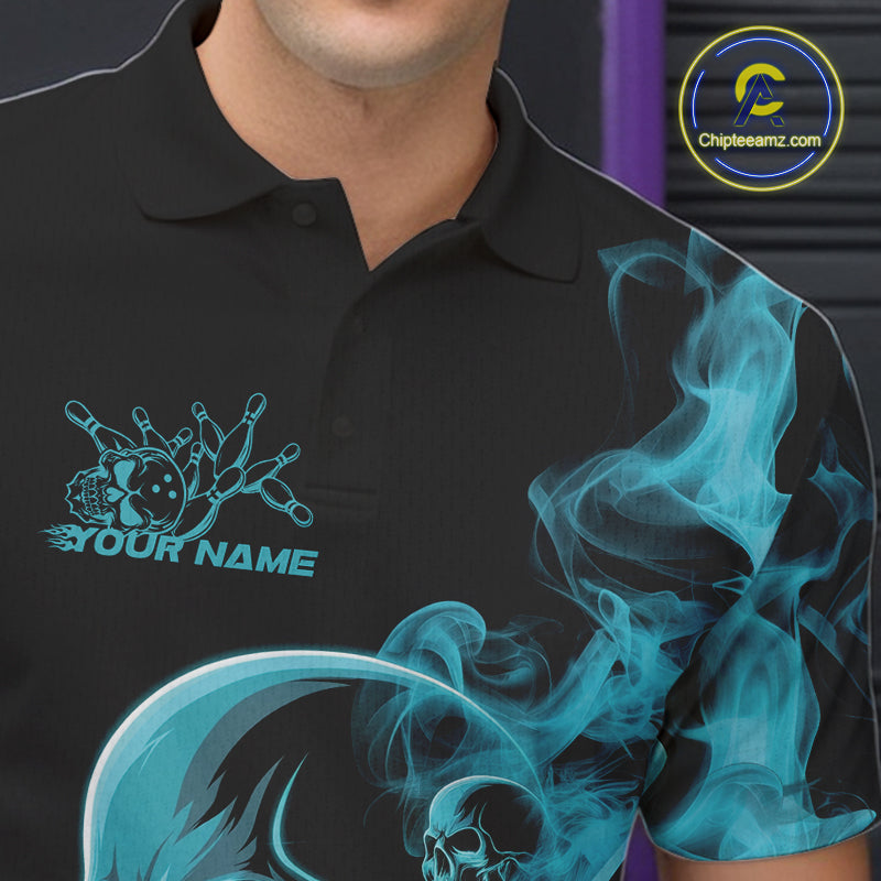 Custom Blue Smoke Skull Men Bowling Team Polo Shirts, Hallowen Bowlers Jerseys IPHW9523