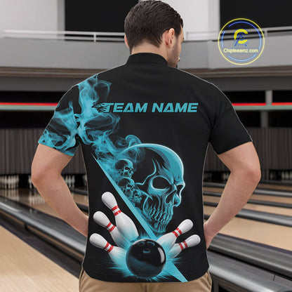 Custom Blue Smoke Skull Men Bowling Team Quarter-Zip Shirts, Hallowen Bowlers Jerseys IPHW9523