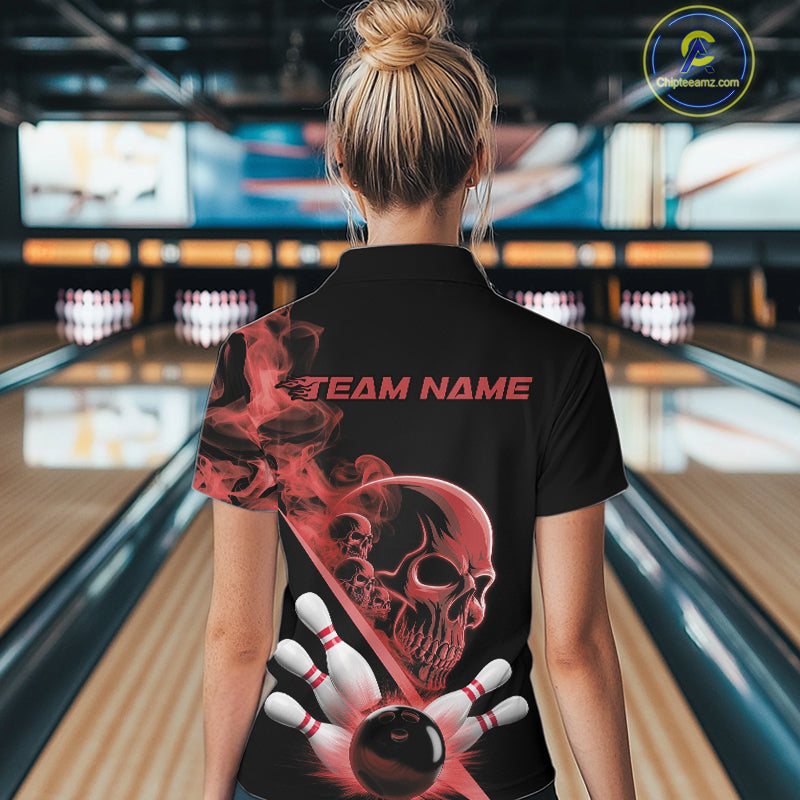 Custom Red Smoke Skull Women Bowling Team Quarter-Zip Shirts, Hallowen Bowlers Jerseys IPHW9524