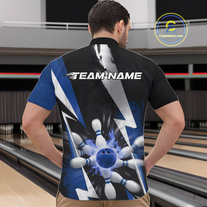 Custom Fiery Blue Bowling Men Quarter-Zip Team Shirts, Fire Flame Bowling Jerseys Bowler Outfit IPHW9530