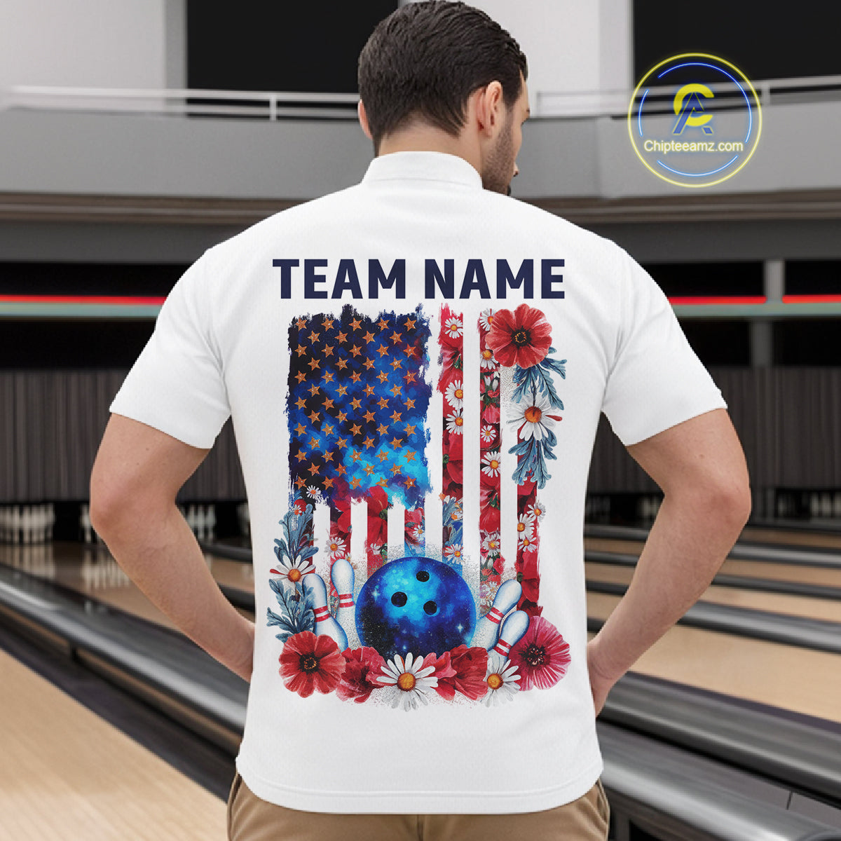Custom Wild Flower Patriotic US Flag Bowling Quarter-Zip Shirts For Men, Hippie Bowling Shirt IPHW9753