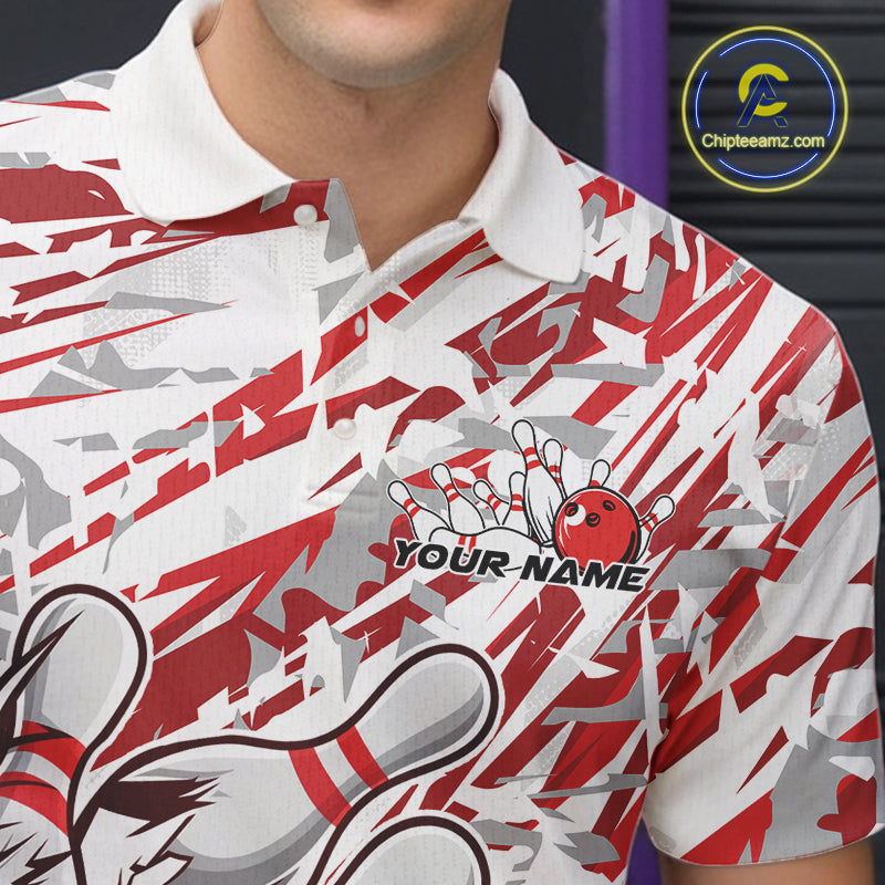 Red Camo Custom Funny Bowling Polo Shirts For Men, Bowling Team Tournament Shirt IPHW9397