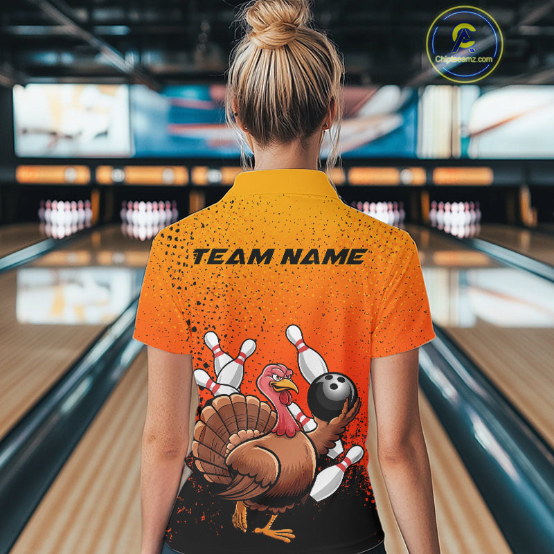 Custom Funny Turkey Bowling Thanksgiving Bowing Outfit Team Polo Shirts For Women IPHW9787