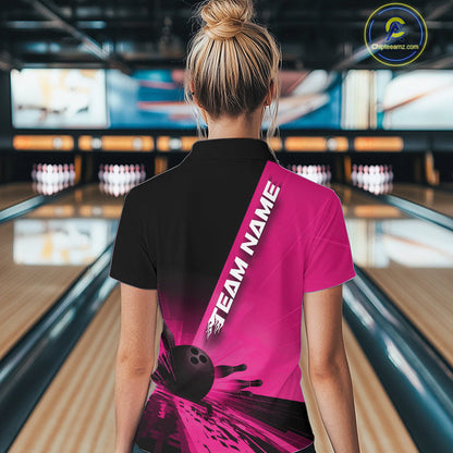 Custom Black And Pink Strike Bowling Quarter-Zip Shirts For Women, Bowling Team Uniform IPHW9554