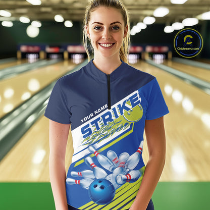 Custom Blue And Green Flame Strike Bowling Team Women Quarter-Zip Shirts, Bowling Jerseys IPHW9404