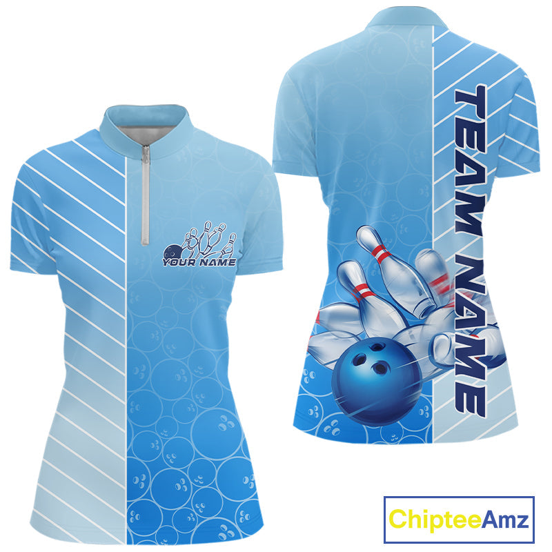 Custom Blue Bowling Pattern Team Women Quarter-Zip Shirts, Bowling Tournament Shirt IPHW9406
