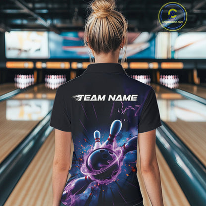 Custom Galaxy Blue And Purple Flame Bowling Women Polo Shirt, Bowling League Team Uniform IPHW9568