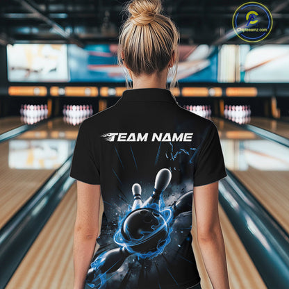 Custom Galaxy Blue Flame Bowling Quarter-Zip Shirt For Women, Bowling League Team Uniform IPHW9570
