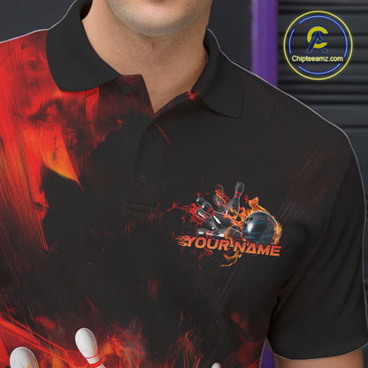 Custom Fire Flame Skull Bowling Polo Shirts For Men, Halloween Bowling Outfits IPHW9579