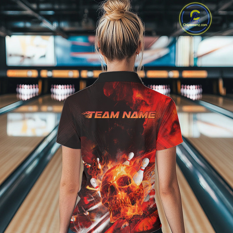 Custom Fire Flame Skull Bowling Polo Shirts For Women, Halloween Bowling Outfits IPHW9579