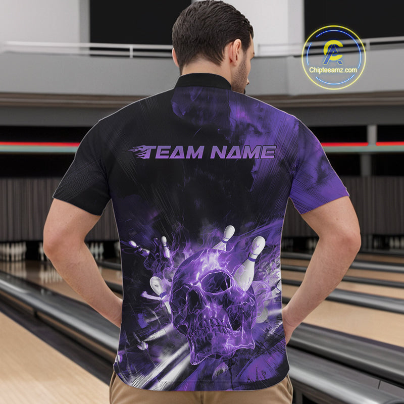 Custom Purple Fire Flame Skull Bowling Quarter-Zip Shirts For Men, Halloween Bowling Outfits IPHW9580