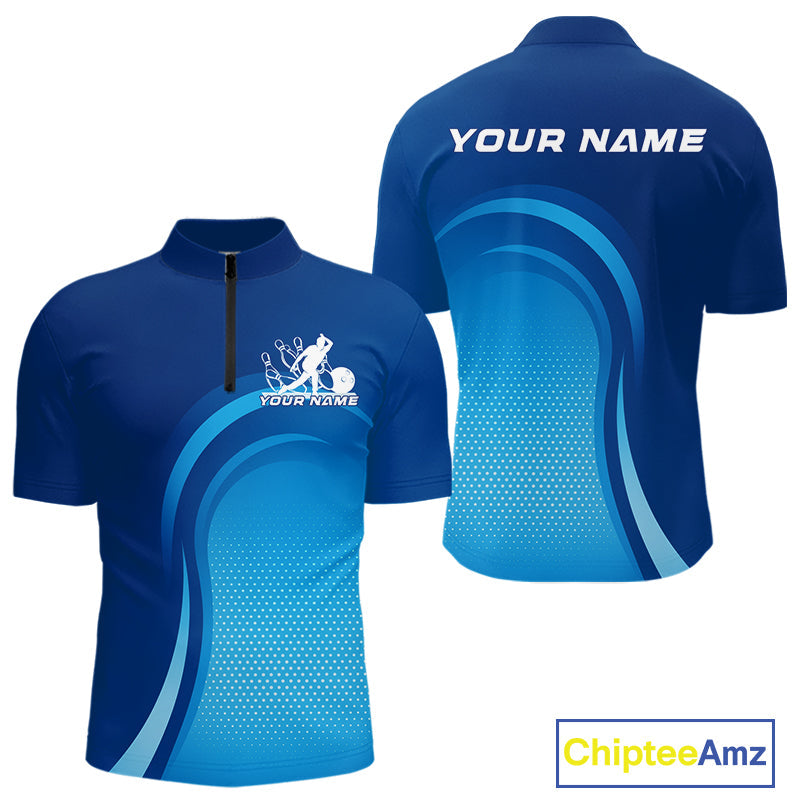 Custom Blue Bowling Team Quarter-Zip Shirts For Men, Bowling Tournament Bowling League Shirt IPHW9236