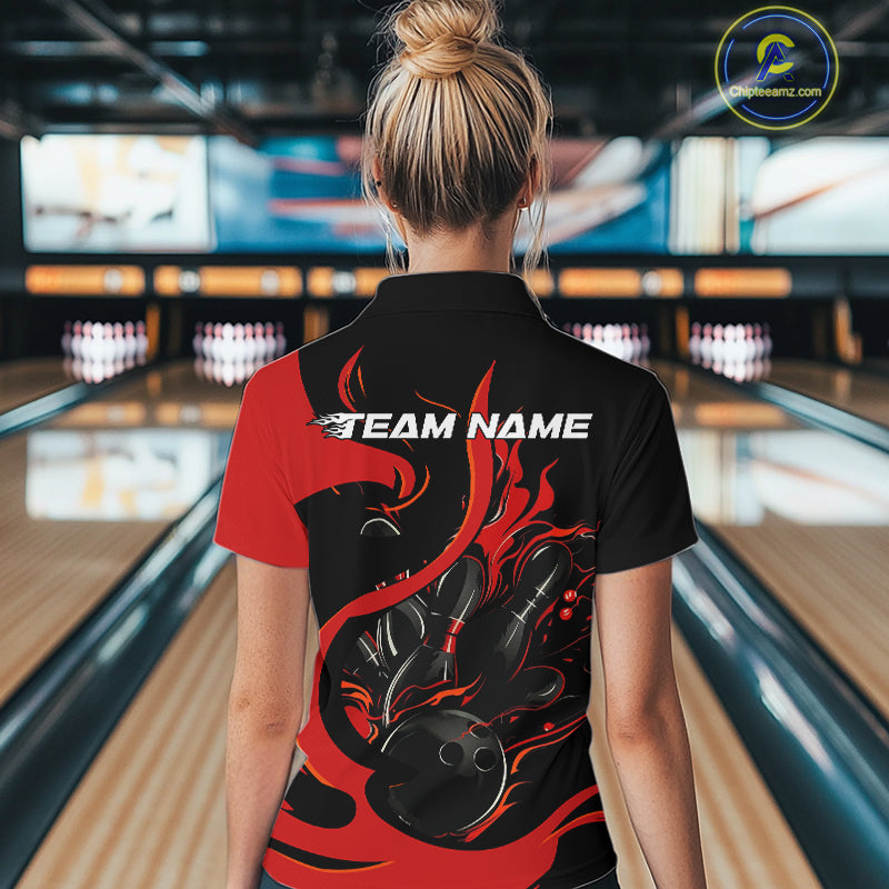 Custom Black And Red Flame Bowling Women Quarter-Zip Shirt, Bowling Team Uniform IPHW9245