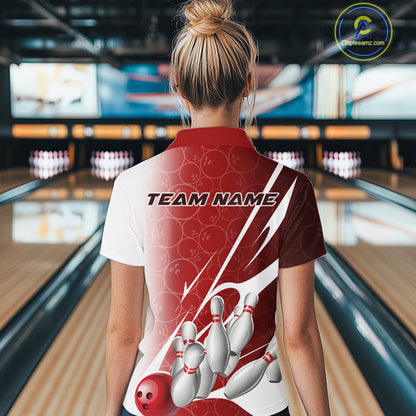 Custom Red Bowling Pattern Bowling Team Women Quarter-Zip Shirts, Red Bowling Jerseys IPHW9427