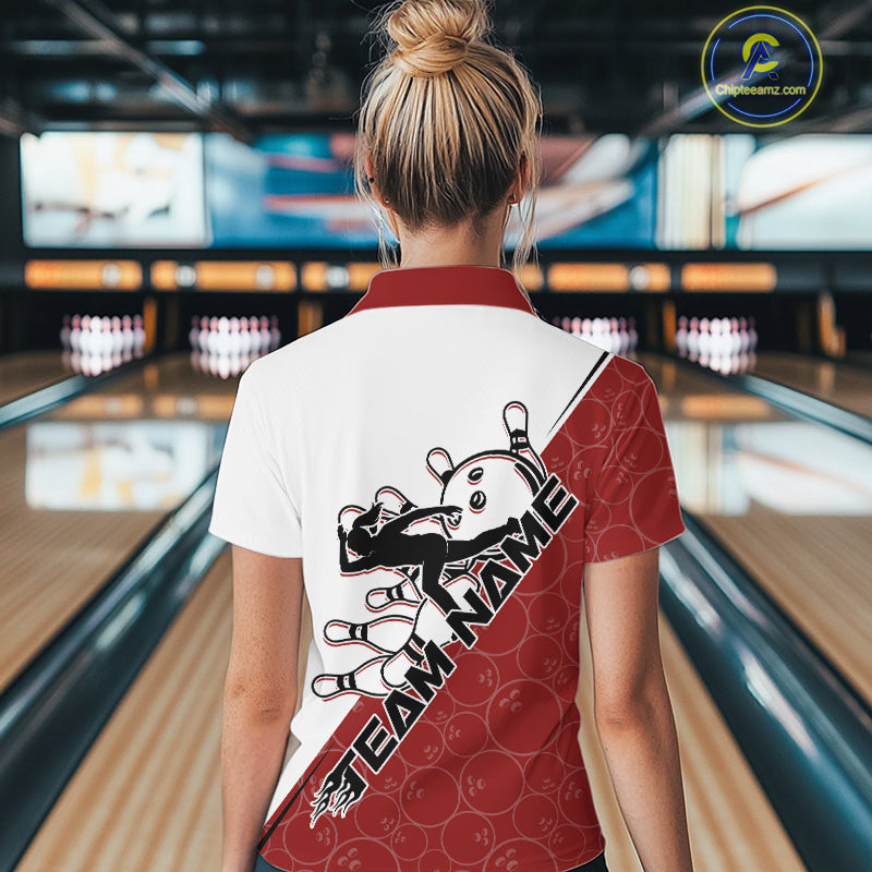 Cusom Red Strike Bowling Team Women Quarter-Zip Shirt, Bowling League Shirt Bowler Outfit IPHW9259