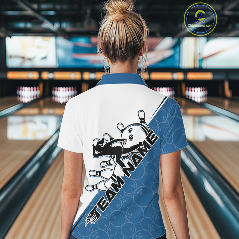Cusom Blue Strike Bowling Team Polo Shirts For Women, Bowling League Shirt Bowlers Outfit IPHW9260