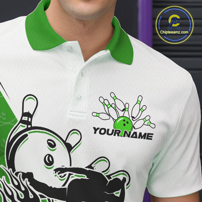 Cusom Green Strike Bowling Team Polo Shirts For Men, Bowling League Shirt Bowlers Outfit IPHW9261