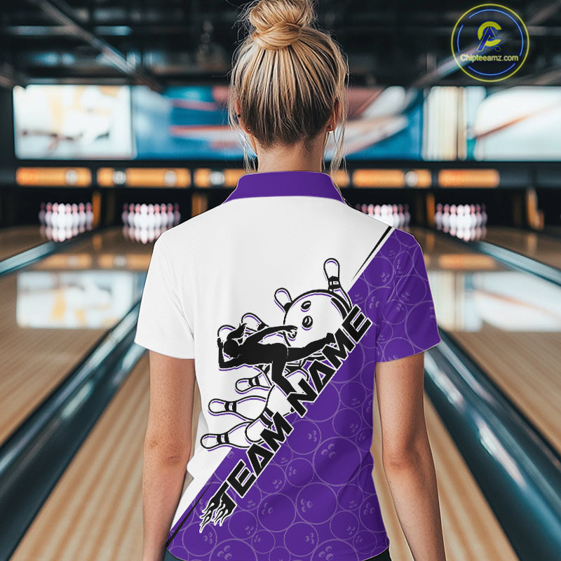 Cusom Purple Strike Bowling Team Women Quarter-Zip Shirt, Bowling League Bowler Outfit IPHW9262