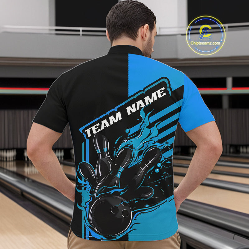 Custom Black And Blue Flame Strike Bowling Quarter-Zip Shirts For Men, Fire Bowling League Shirt IPHW9268