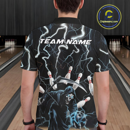 Custom Blue Thunder Lightning Grim Reaper Bowling Men Polo Shirt, Halloween Bowling Outfit IPHW9796