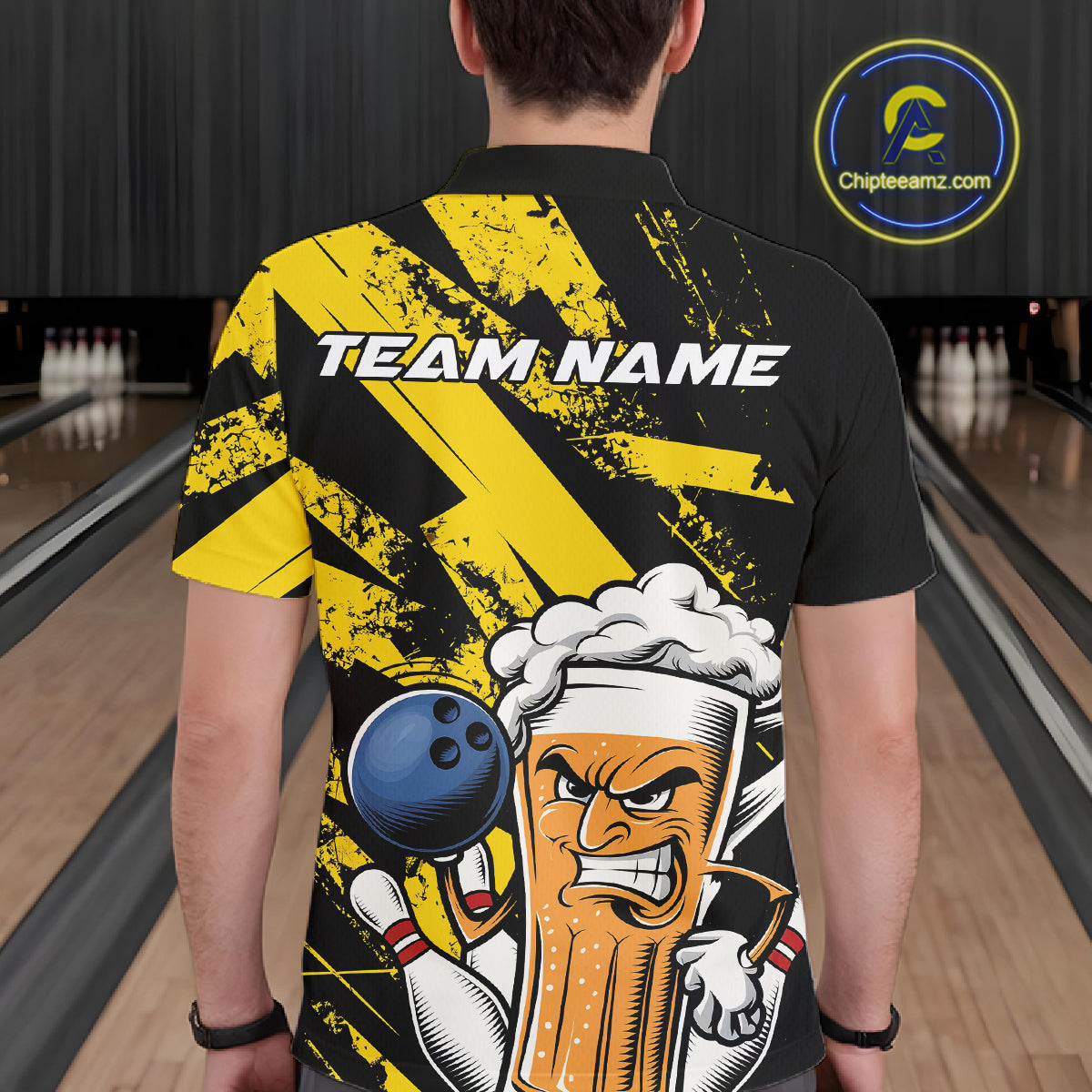Custom Grunge Yellow Funny Bowling And Beer Polo Shirts For Men, Bowling Team Uniform IPHW9607