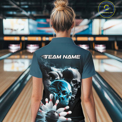 Custom Teal Blue Smoke Skull Bowling Women Quarter-Zip Shirt, Ghostly Halloween Outfit IPHW9519