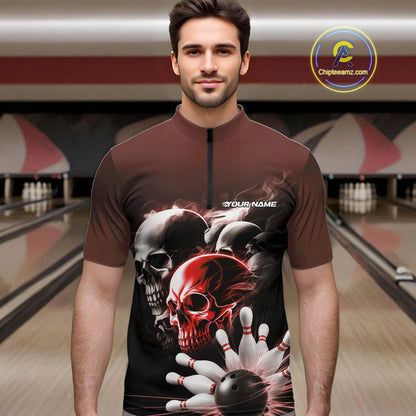 Custom Red Smoke Skull Bowling Quarter-Zip Shirts For Men, Ghostly Halloween Bowling Outfit IPHW9520