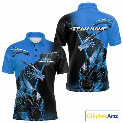 Custom Blue Dragon Flame Bowling Polo Shirts For Men, Bowling Tournament Shirt IPHW9331