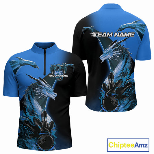 Custom Blue Dragon Flame Bowling Quarter-Zip Shirts For Men, Bowling Tournament Shirt IPHW9331