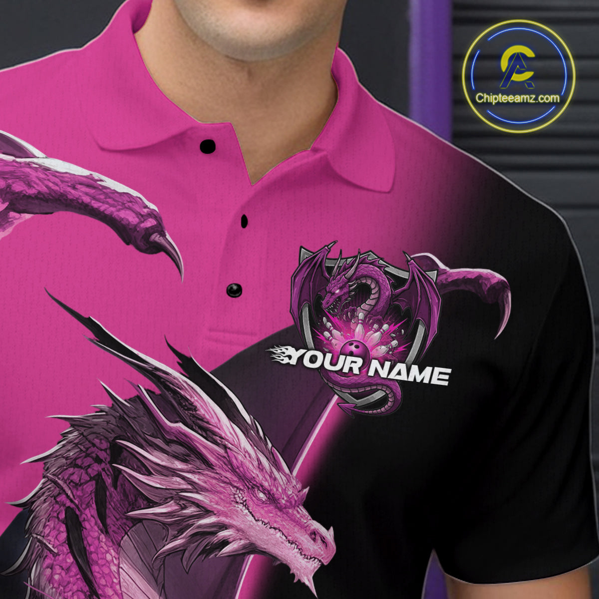 Custom Pink Dragon Flame Bowling Polo Shirts For Men, Bowling Tournament Shirt IPHW9332