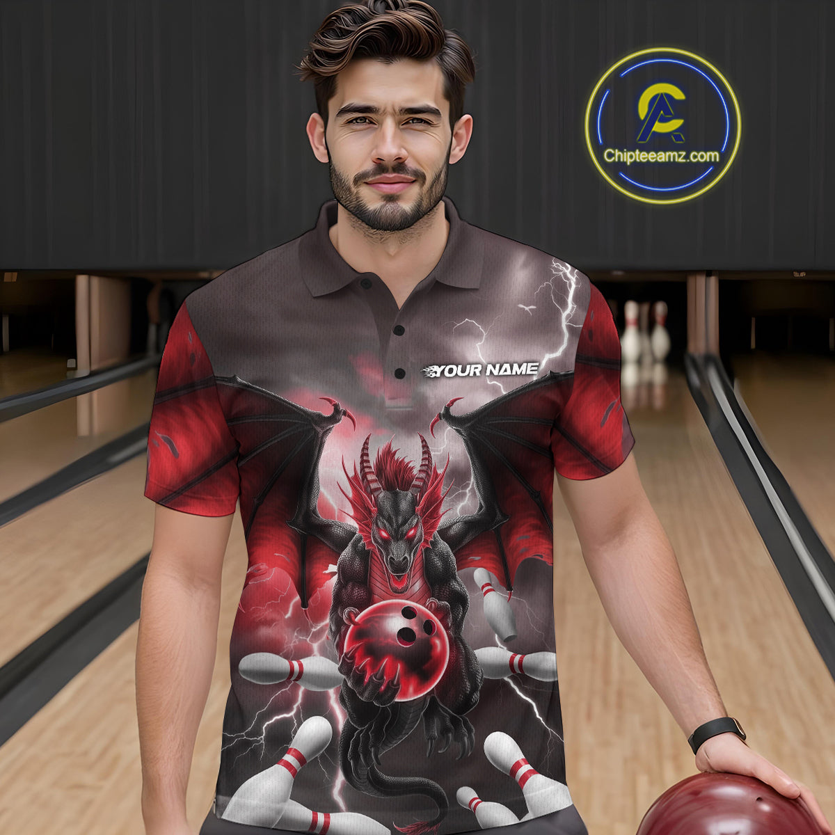 Custom Red Thunder Lightning Dragon Bowling Polo Shirts For Men, Team Uniform IPHW9103