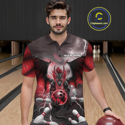 Custom Red Thunder Lightning Dragon Bowling Polo Shirts For Men, Team Uniform IPHW9103