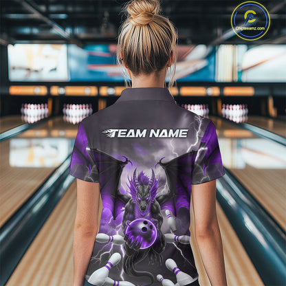 Custom Purple Thunder Lightning Dragon Bowling Women Quarter-Zip Shirts, Team Uniform IPHW9104