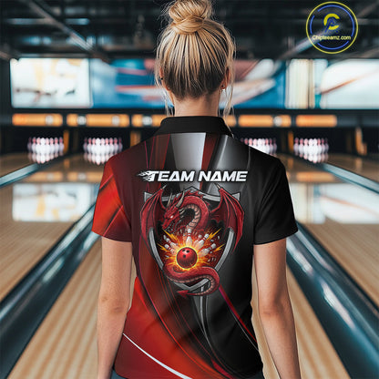 Custom Black And Red Dragon Bowling Polo Shirts For Women, Dragon Bowling Jersey IPHW9342