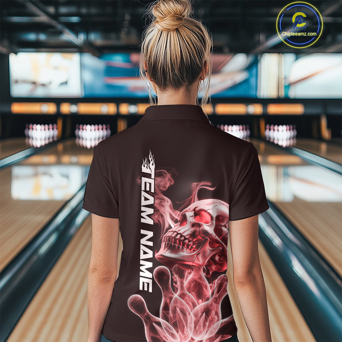 Custom Red Flame Smoke Skull Bowling Women Quarter-Zip Shirt, Halloween Bowling Outfit IPHW9495
