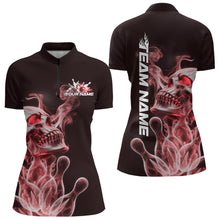 Load image into Gallery viewer, Custom Red Flame Smoke Skull Bowling Women Quarter-Zip Shirt, Halloween Bowling Outfit IPHW9495