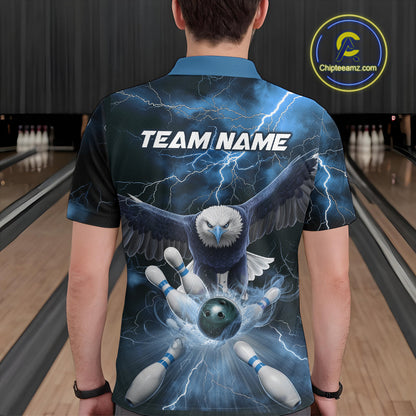 Custom Blue Thunder Lightning Eagle Bowling Polo Shirts For Men, Eagle Bowling Jerseys IPHW9367