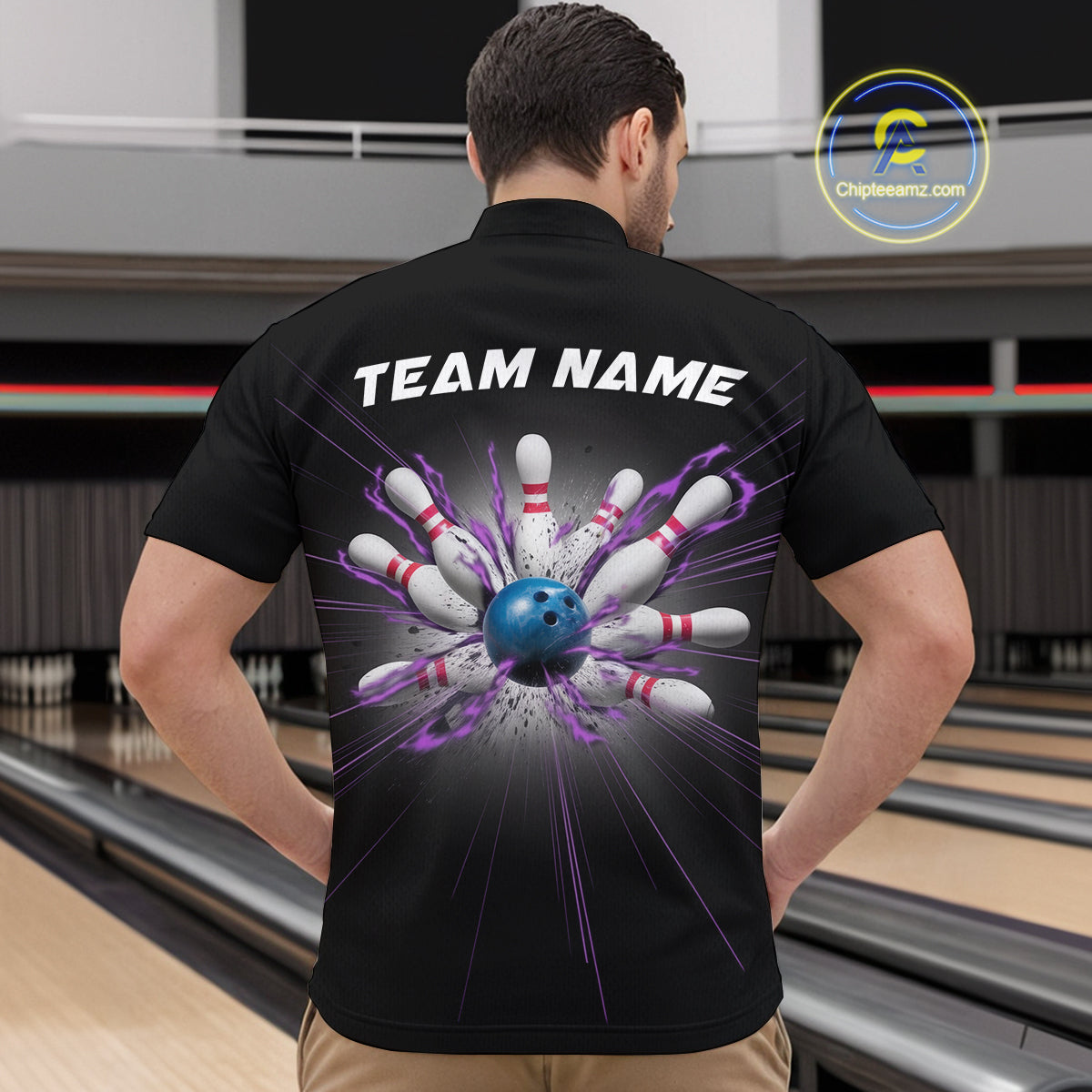 Custom Blue And Purple Bowling Team Quarter-Zip Shirts For Men, Bowling League Shirt IPHW9368