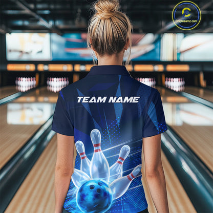 Custom Black And Blue Bowling Jerseys, Women Bowling Polo Shirt Team Uniform IPHW9390