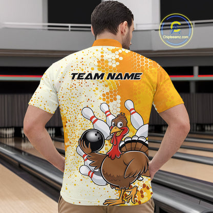 Custom Funny Yellow Thanksgiving Turkey Bowling Team Men Quarter-Zip Shirts, Bowling Jerseys IPHW9768