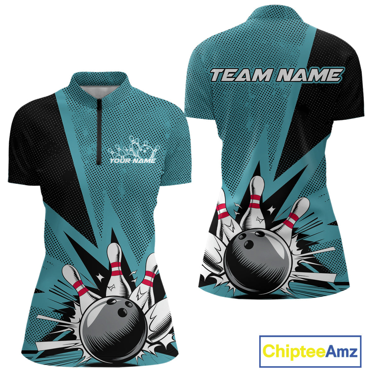 Custom Blue Bowling Jerseys, Bowling Team Women Quarter-Zip Shirts Bowling League Shirt IPHW9393