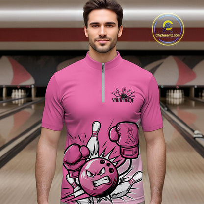 Custom Funny Pink Breast Cancer Bowling Men Quarter-Zip Shirt, Breast Cancer Fighter Jerseys IPHW9395